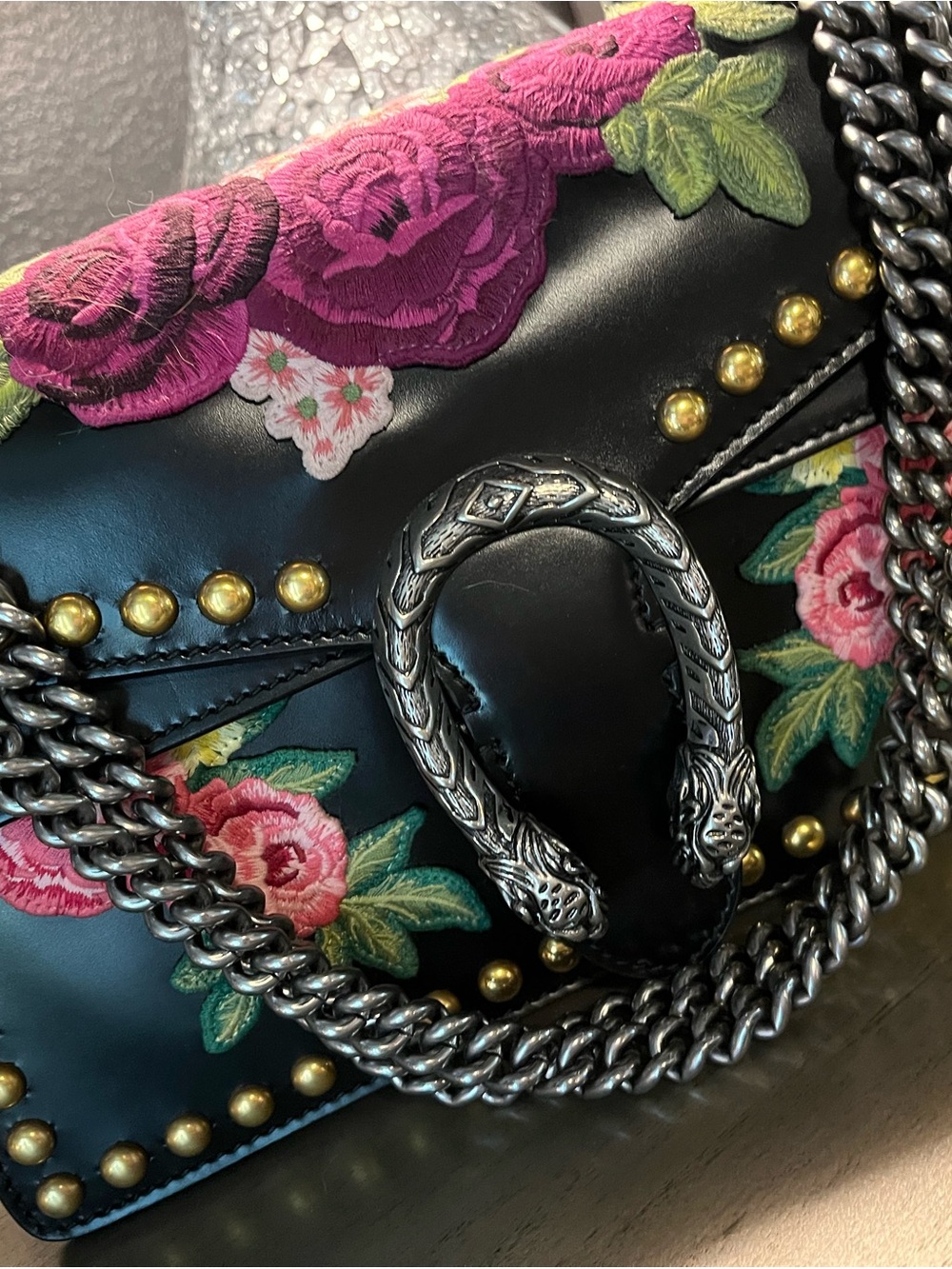 Black Embroidered Gucci Floral Chain Shoulder Bag - Picture 3 of 9